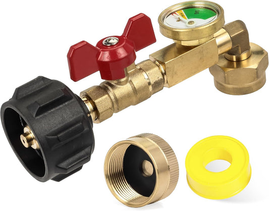 2025 Updated BlueStars Propane Refill Adapter for 1 LB. Tanks, Propane Adapter 20lb to 1lb Converter with Valve & Gauge – QCC1 Propane Refilling 90-Degree Elbow Adapter from 5-20 LB Propane Tank - PuriLite