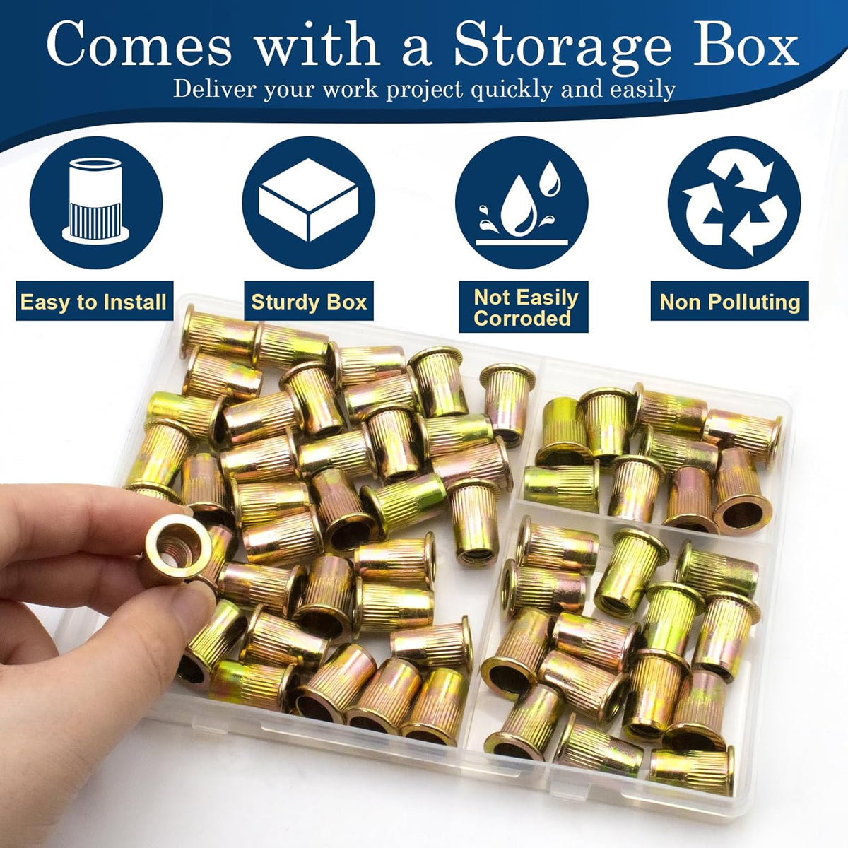 Vifmy Metric & SAE Rivet Nut Assortment Kit(420 Pcs),m3 m4 m5 m6 m8 m10 m12#6-32#8-32#10-24 1/4"-20 5/16"-18 3/8"-16 UNC Flat Head Rivnut Set,Zinc Plated Finish Carbon Steel Nutsert - PuriLite