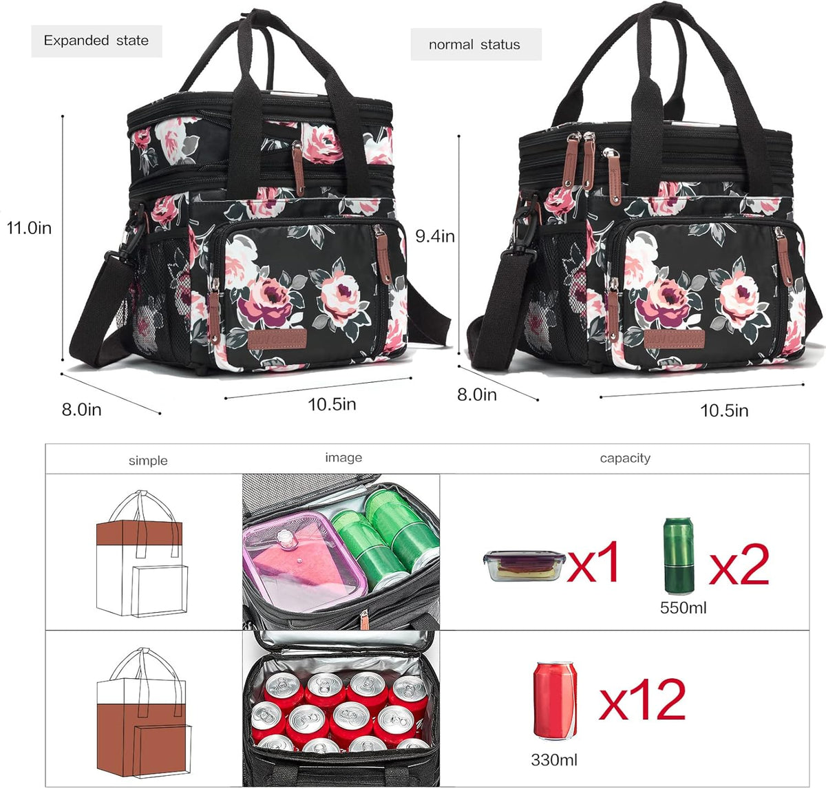 Lunch Bag Women Insulated Lunch Box for Work, Purple Expandable Large Lunch Bags, Leakproof Double Deck Lunch Box Cooler Bag（Purple） - PuriLite