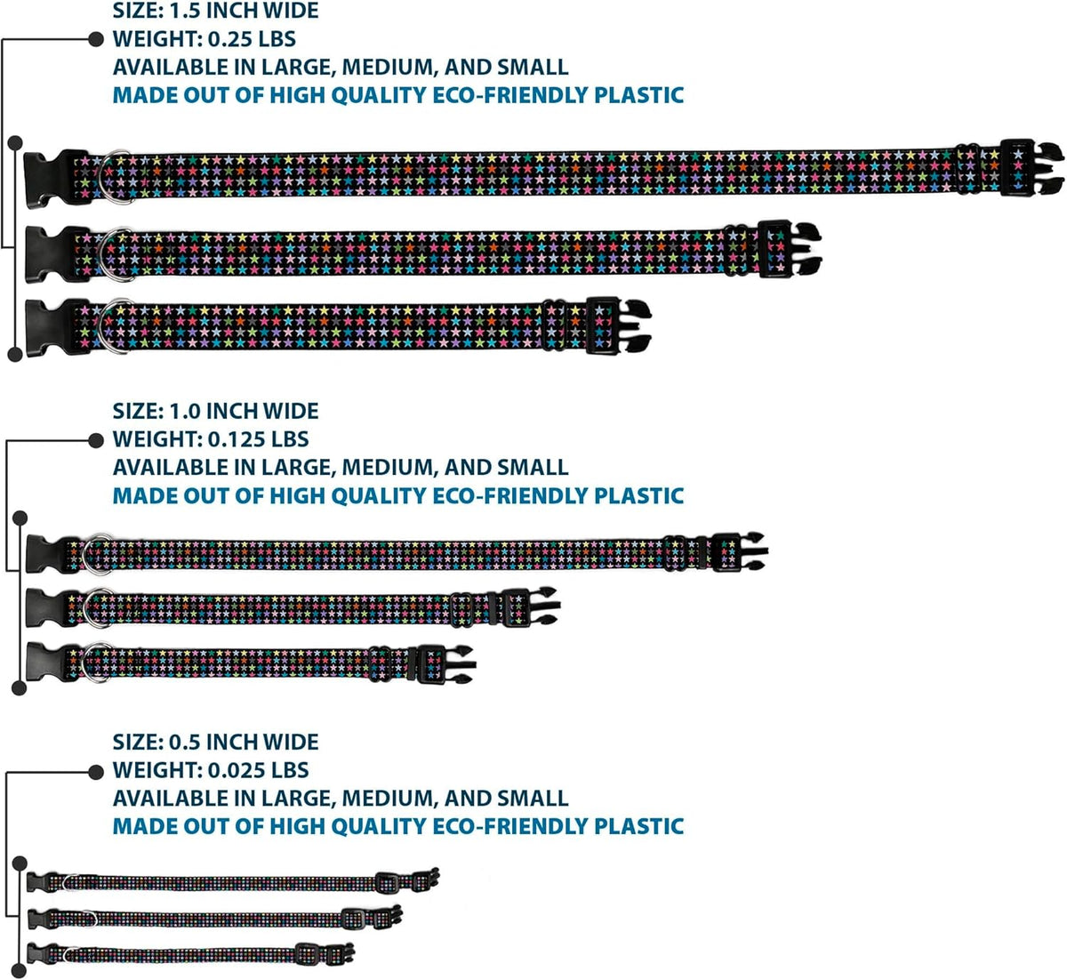 Buckle-Down PC-W21909-M Dog Collar Plastic Clip Buckle, 1"x11"-17", Star Black/White - PuriLite