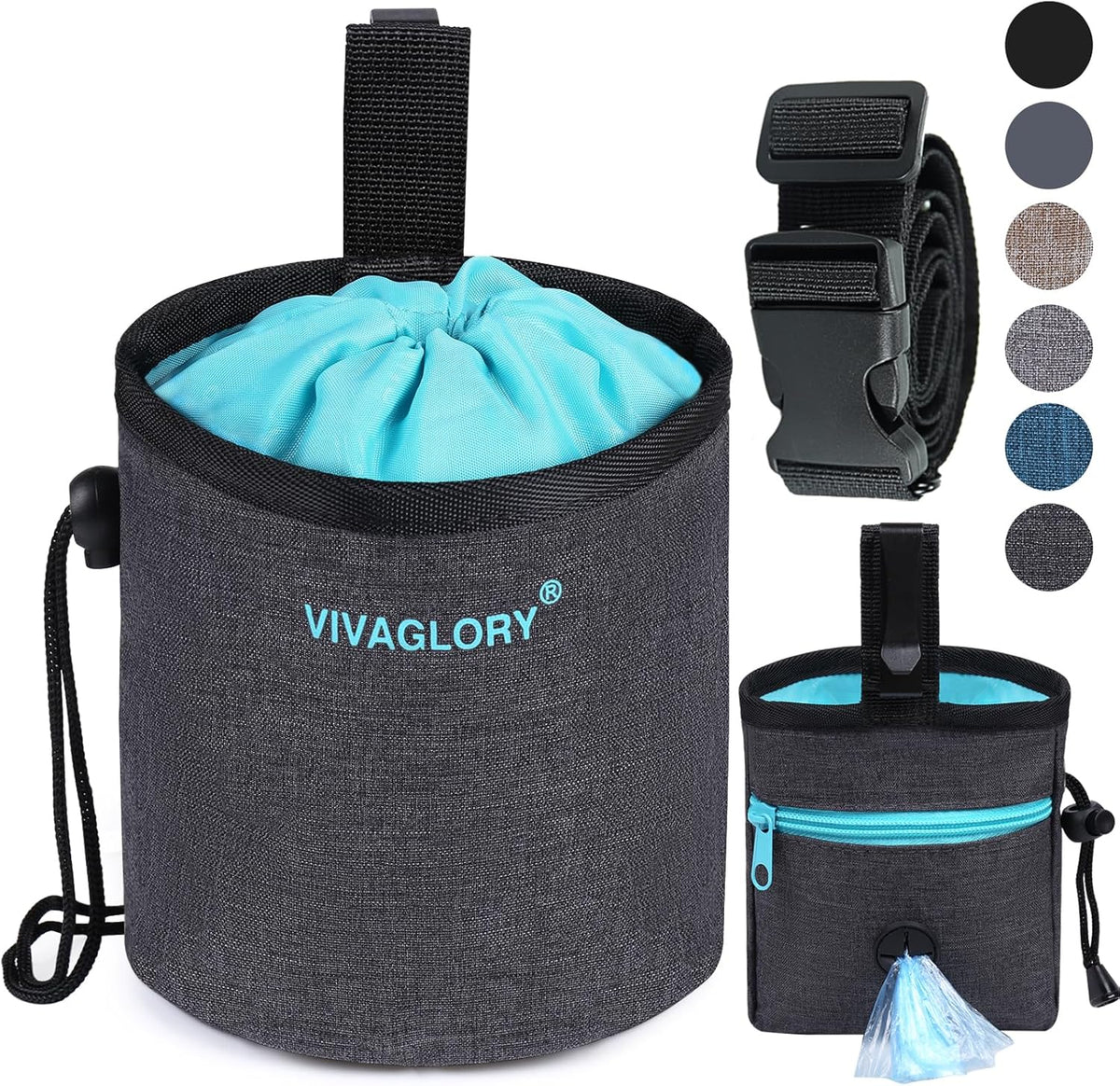 VIVAGLORY Dog Treat Bags, Puppy Pet Dog Training Treats Pouch Hands-Free 2 Ways to Wear with Adjustable Waistband and Built-in Dog Waste Bag Dispenser, Grey - PuriLite