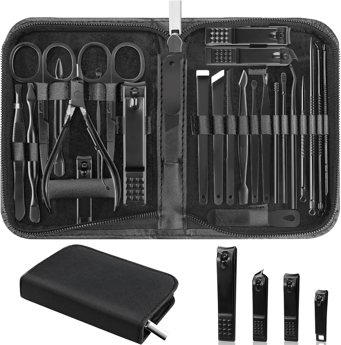 Nail Clippers Set, 26 Piece Manicure Set & Pedicure Kit, Stainless Steel Fingernail & Toenail Clipper Cutters, Professional Nail Care Tools with Luxurious Travel Case for Men and Women, Black - PuriLite