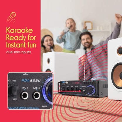 Pyle Bluetooth Amplifier-Wireless Dual Channel Stereo Amp, Powerful and Compact, 200W, LED Display, RCA/USB/SD/AUX/MIC in, FM Radio, Perfect for Home and Studio Audio - PuriLite