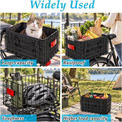 15 Inch Bike Basket Rear, Folding Metal Basket with Liner and Cover