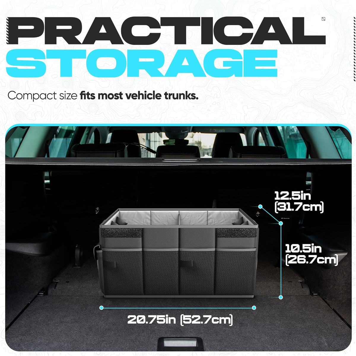 FORTEM Car Trunk Organizer, Collapsible Multi Compartment Car Organizer, Foldable SUV Storage for Car Accessories for Women Men, Non Slip Bottom, Securing Straps, Soft Cover 50L (Black, Standard) - PuriLite