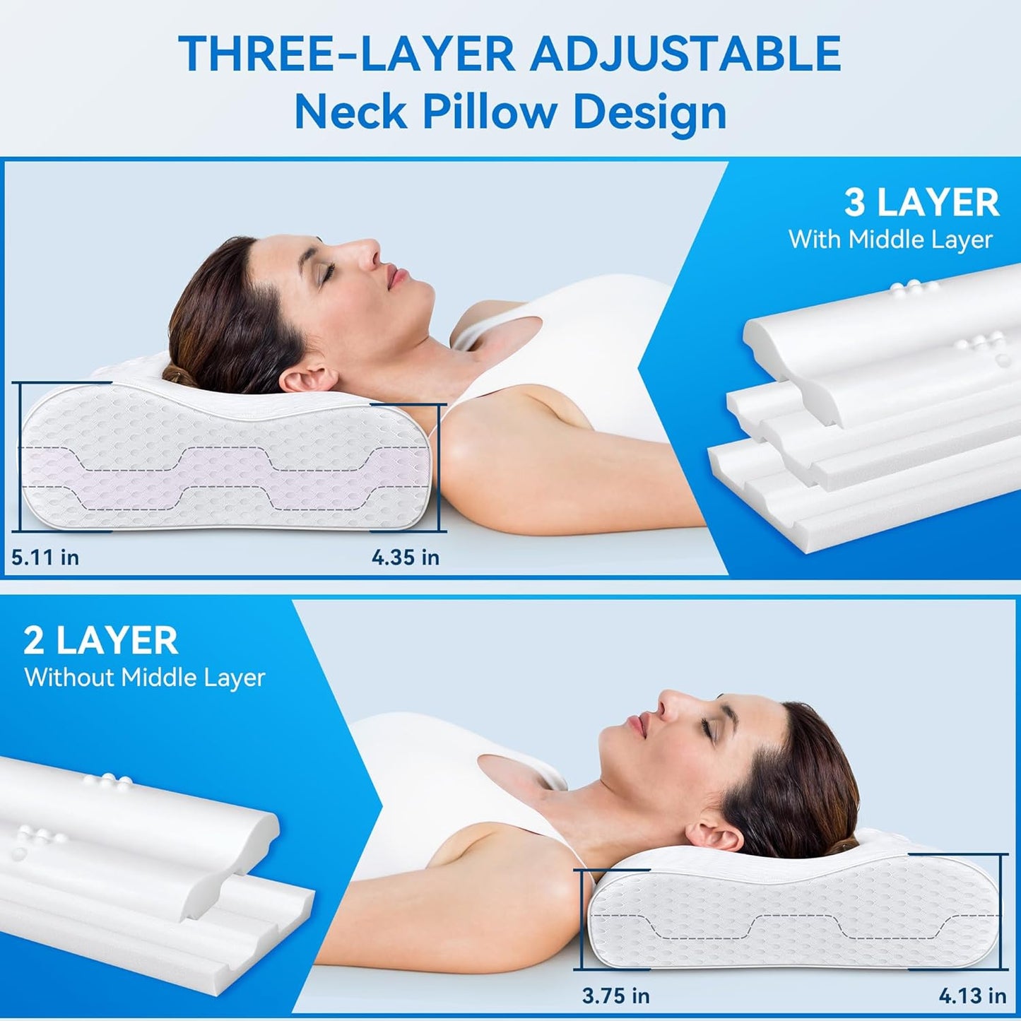 Sandwich Cervical Neck Pillow Queen Size, Memory Foam Pillow for Sleeping, Adjustable Contour Ergonomic Orthopedic Cooling Pillow for Side, Back & Stomach Sleepers（Soft）