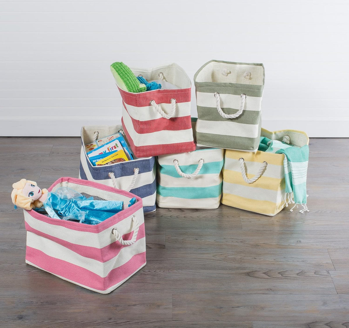 DII Storage Basket or Bin, Collapsible & Convenient Storage Solution for Office, Bedroom, Closet, Toys, Laundry (Large) - Pink Rugby Stripe - PuriLite