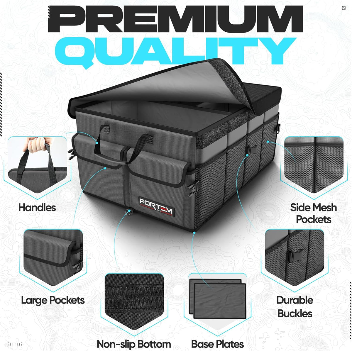 FORTEM Car Trunk Organizer, Collapsible Multi Compartment Car Organizer, Foldable SUV Storage for Car Accessories for Women Men, Non Slip Bottom, Securing Straps, Soft Cover 50L (Black, Standard) - PuriLite