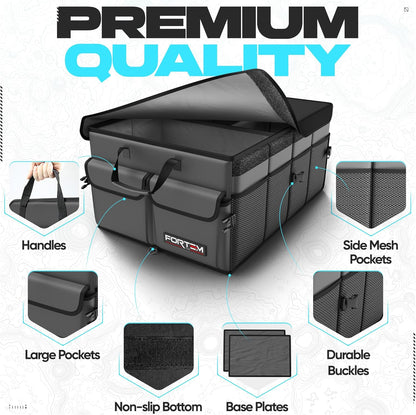 FORTEM Car Trunk Organizer, Collapsible Multi Compartment Car Organizer, Foldable SUV Storage for Car Accessories for Women Men, Non Slip Bottom, Securing Straps, Soft Cover 50L (Black, Standard) - PuriLite