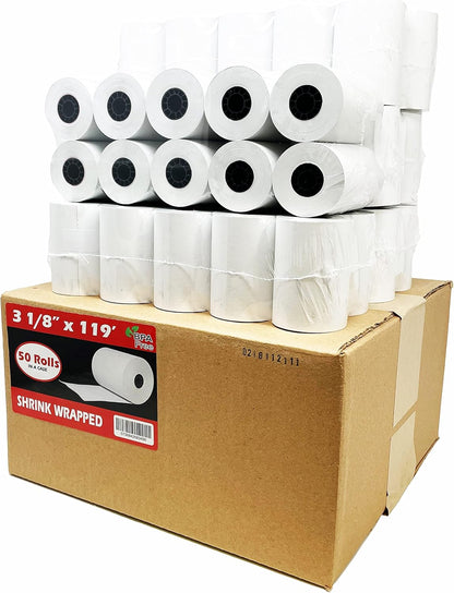(50 Rolls) 2 1/4 x 50 Thermal Paper Receipt Rolls 2.25 x 50 ft POS Cash Register fits All Credit Card Terminals - PuriLite