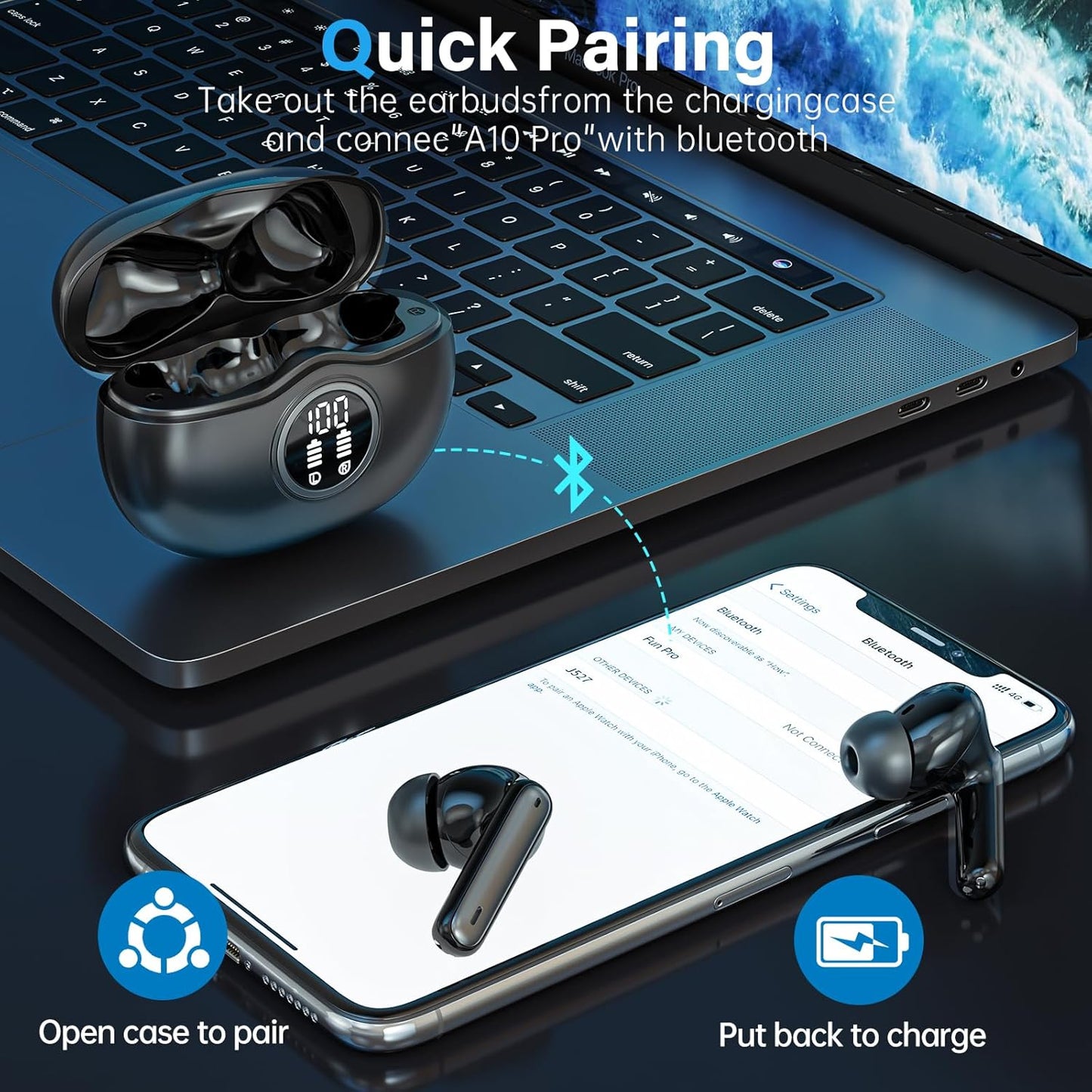 Sisism A10 Pro Wireless Earbuds, Bluetooth 5.3 Headphones HiFi Stereo 40H Playback LED Digital Display Ear Buds with ENC Noise Canceling Headset, IPX7 Waterproof Earphones for Gym/Running/Work Black - PuriLite