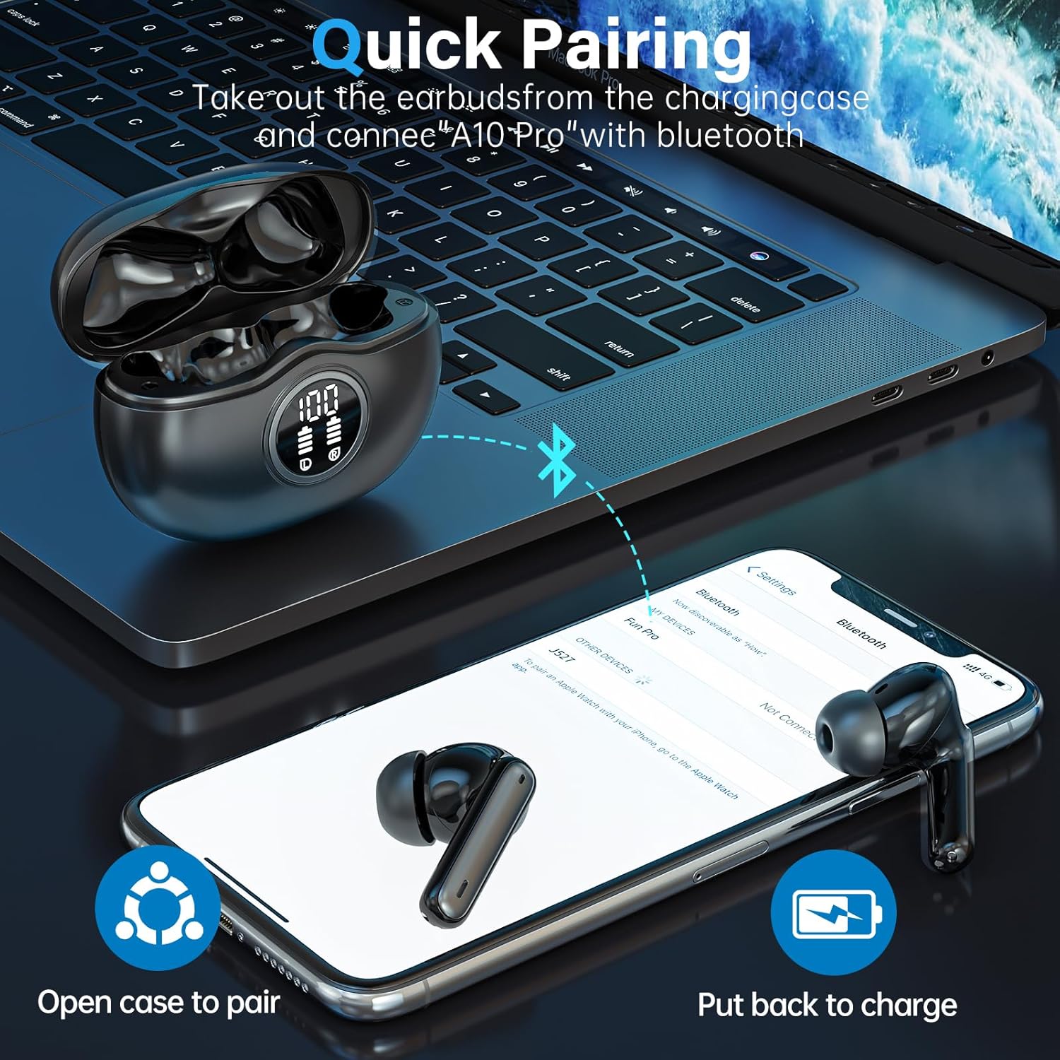 Sisism A10 Pro Wireless Earbuds, Bluetooth 5.3 Headphones HiFi Stereo 40H Playback LED Digital Display Ear Buds with ENC Noise Canceling Headset, IPX7 Waterproof Earphones for Gym/Running/Work Black - PuriLite