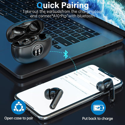 Sisism A10 Pro Wireless Earbuds, Bluetooth 5.3 Headphones HiFi Stereo 40H Playback LED Digital Display Ear Buds with ENC Noise Canceling Headset, IPX7 Waterproof Earphones for Gym/Running/Work Black - PuriLite