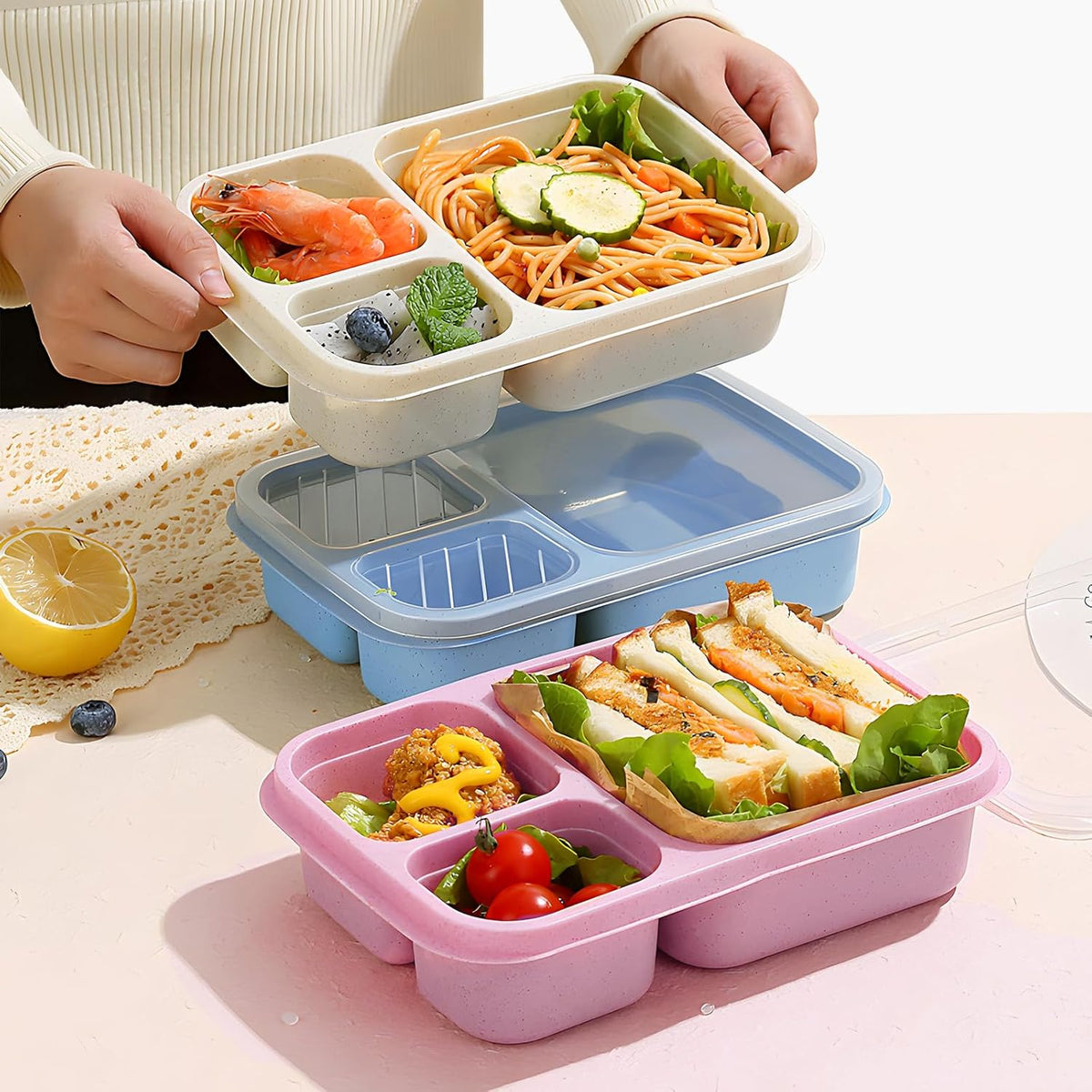 4 Pack Bento Box Lunch Boxes, BPA-Free Reusable Snack Box Containers for Kids Adults, 3 Compartment Meal Prep Containers with Lids, Stackable for School, Work, and Travel (Multicolor-3Compartments) - PuriLite