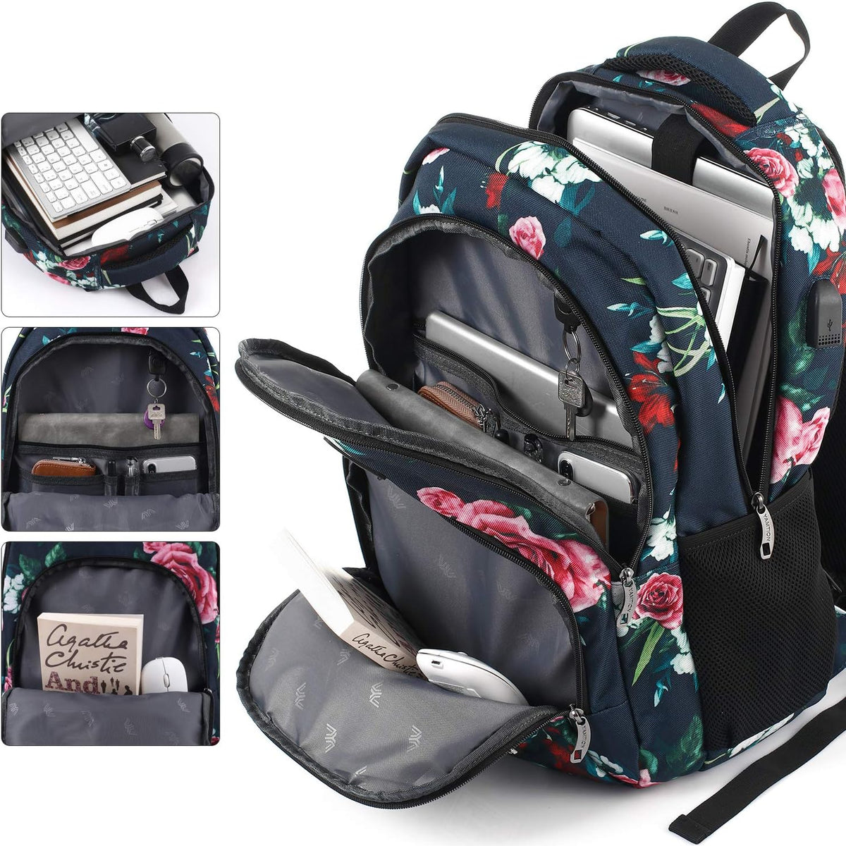 Backpack for Teen Girls,Boys School Backpack for Women with USB,College Backpack,Big Flower - PuriLite