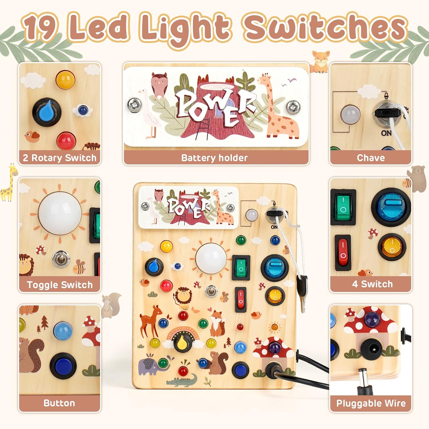 Joyreal Montessori Busy Board Wooden Sensory Toys for Toddler with LED Light Up Switch, Baby Fidget Board Travel Toys for 18+ Months, Boys Girls Birthday - PuriLite