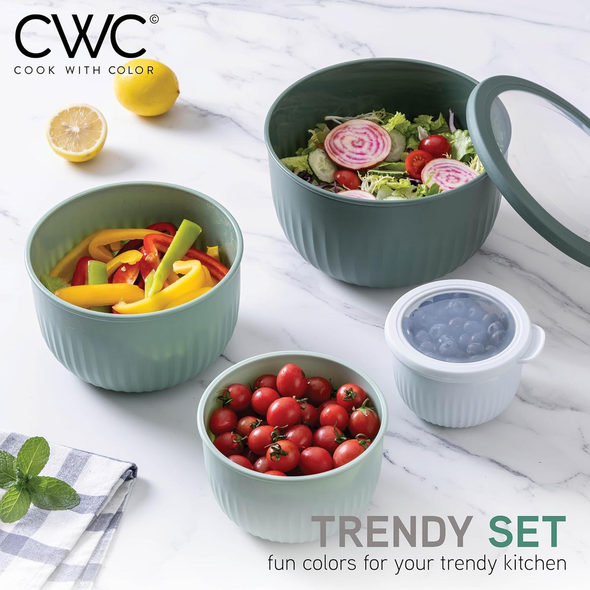 COOK WITH COLOR Prep Bowls with Lids- 8 Piece Nesting Plastic Small Mixing Bowl Set with Lids (Teal Ombre) - PuriLite