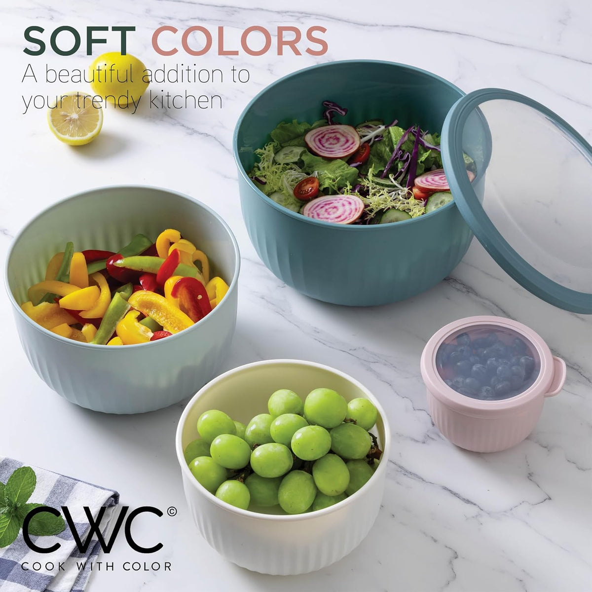 COOK WITH COLOR Prep Bowls with Lids- 8 Piece Nesting Plastic Small Mixing Bowl Set with Lids (Teal Ombre) - PuriLite