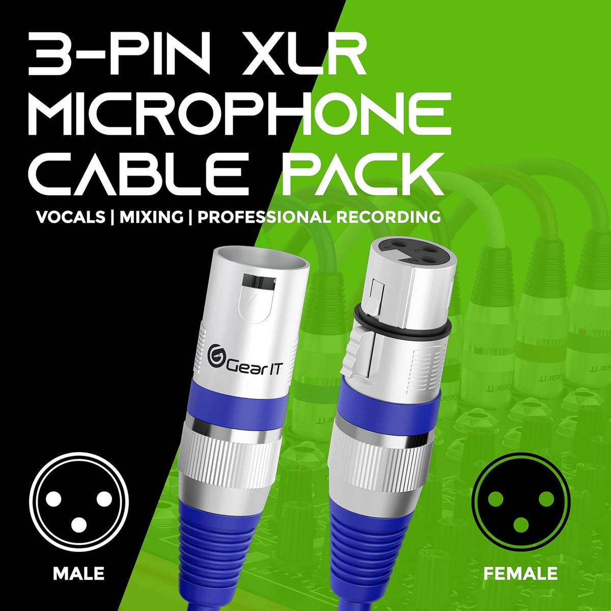GEARit XLR Male to Female Microphone Cable (10 Feet, 6-Pack) 3-Pin Balanced Shielded Mixer, Recording Studio, Podcast - Black - PuriLite