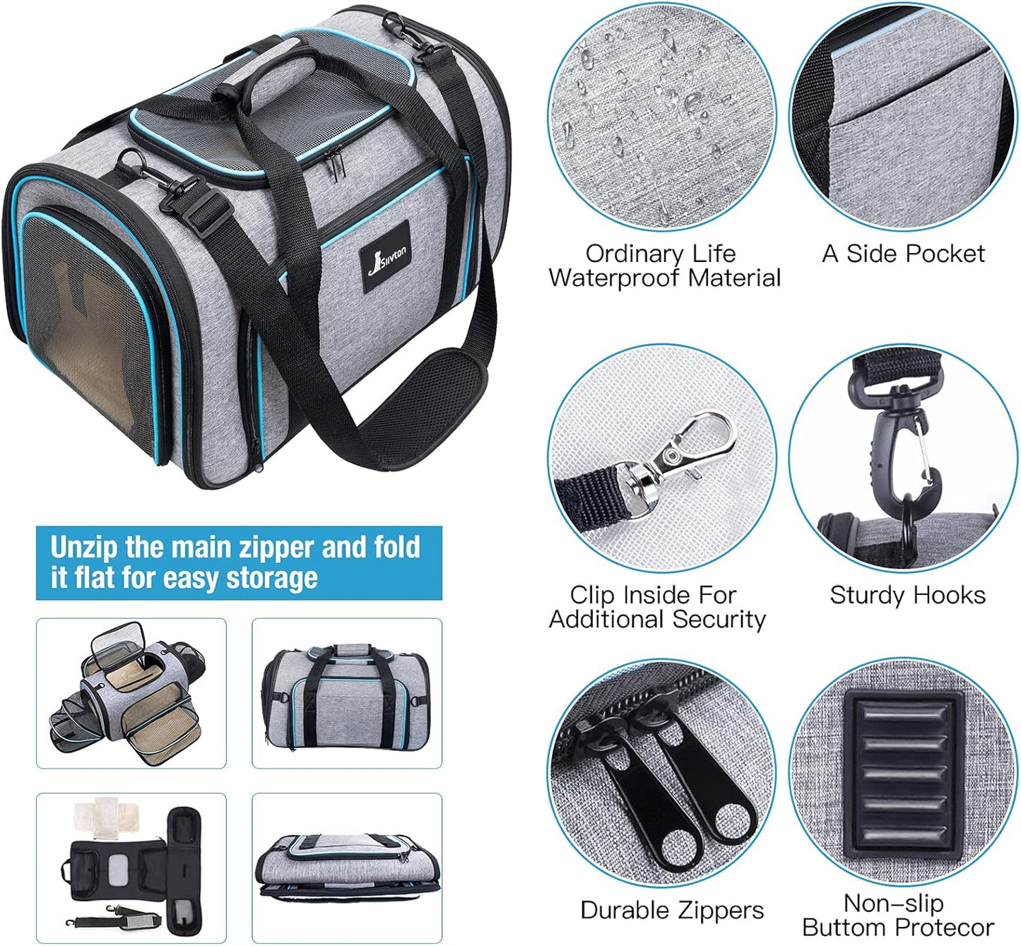 Siivton Cat Carrier,4 Sided Expandable Pet Carrier for Travel,Collapsible Soft-Sided Carriers with Removable Fleece Pad and Shoulder Straps,Airline Approved(17.5"x 11"x 11") - PuriLite