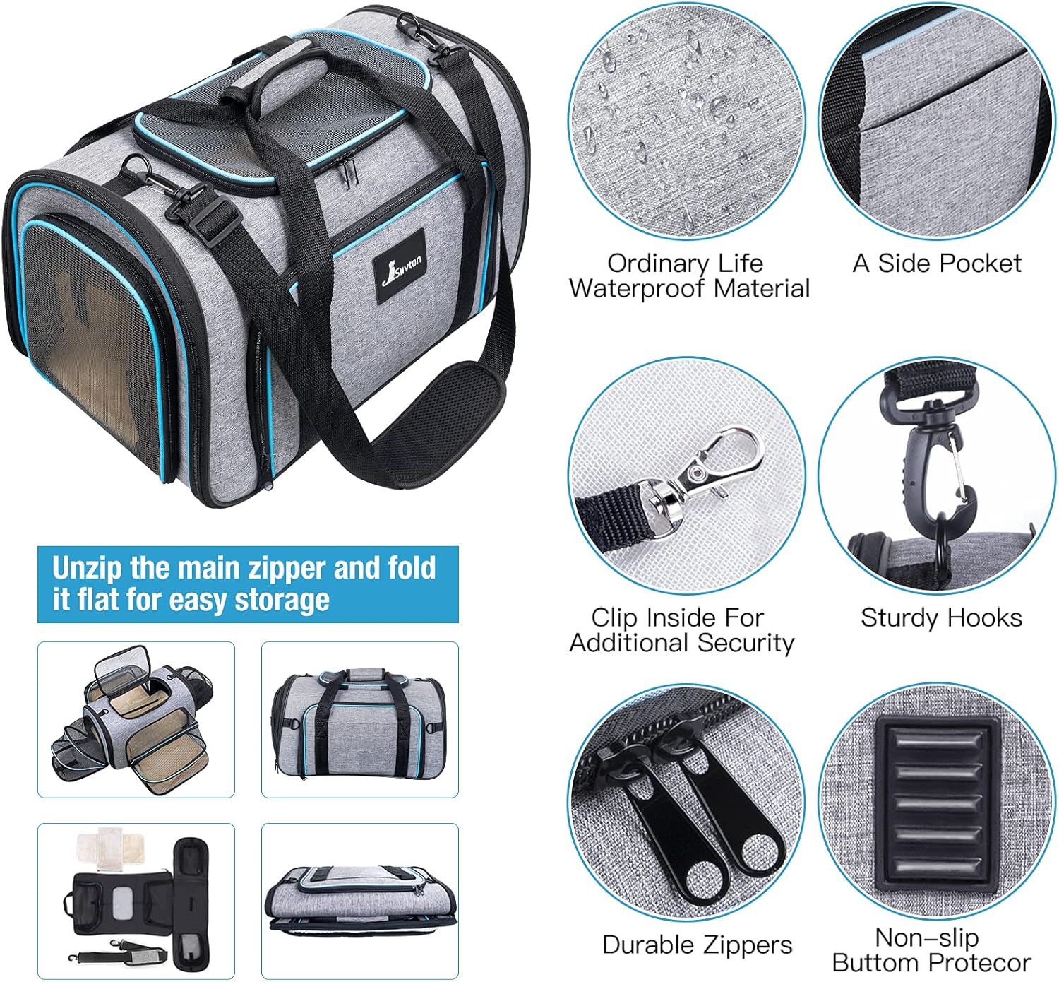 Siivton Cat Carrier,4 Sided Expandable Pet Carrier for Travel,Collapsible Soft-Sided Carriers with Removable Fleece Pad and Shoulder Straps,Airline Approved(17.5"x 11"x 11") - PuriLite