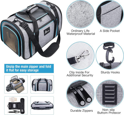 Siivton Cat Carrier,4 Sided Expandable Pet Carrier for Travel,Collapsible Soft-Sided Carriers with Removable Fleece Pad and Shoulder Straps,Airline Approved(17.5"x 11"x 11") - PuriLite