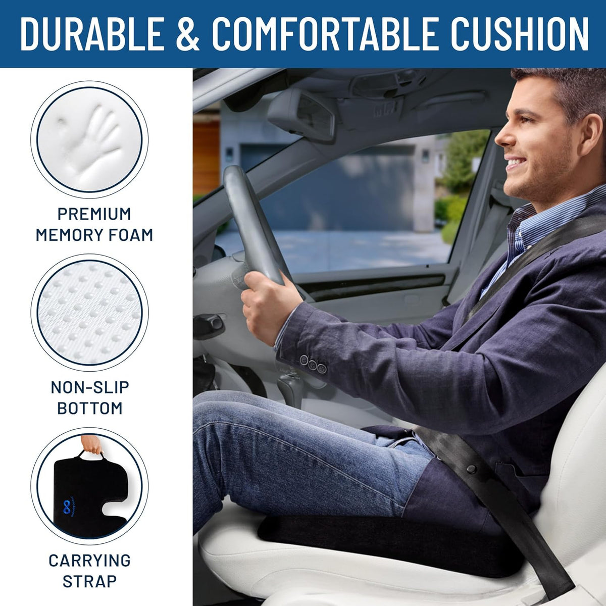 Everlasting Comfort Memory Foam Seat Cushion - Office Chair Cushion for Work, Travel, Car Support Pillow for Driving - Portable Seat for Chairs and Desks - Coussin Chaise - Black - PuriLite