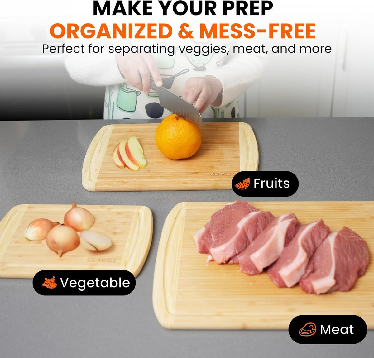 Bamboo Cutting Board Set – Non-Toxic Charcuterie & Chopping Boards for Kitchen, Large & Small Sizes, Safe Cutting Boards for Meat, Cheese, Pizza – Home & Kitchen Gift Idea - PuriLite