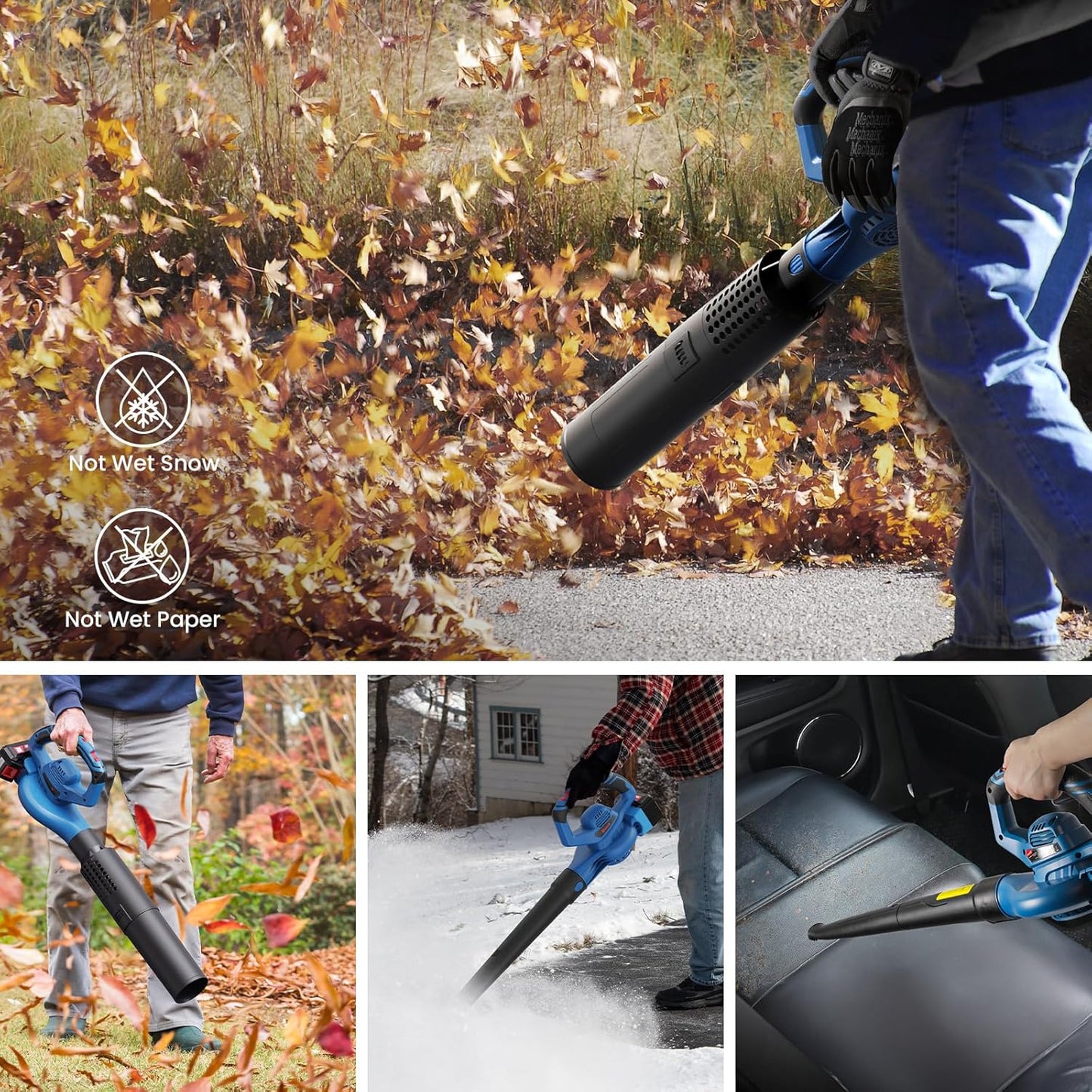 Leaf Blower Cordless,460CFM &190MPH,20V 4.0Ah Upgrade Battery Powered 2-in-1 Leaf Blower(Upgraded),6 Variable Speed,for Blowing Leaves,Debris,Snow and Dust,4.0Ah Battery&Charger Included(Blue) - PuriLite