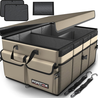 FORTEM Car Trunk Organizer, Collapsible Multi Compartment Car Organizer, Foldable SUV Storage for Car Accessories for Women Men, Non Slip Bottom, Securing Straps, Soft Cover 50L (Black, Standard) - PuriLite