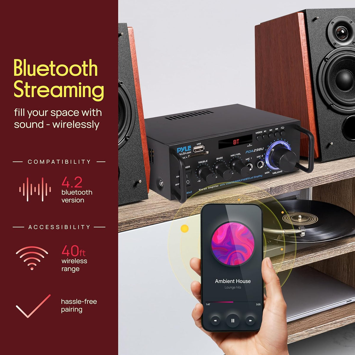 Pyle Bluetooth Amplifier-Wireless Dual Channel Stereo Amp, Powerful and Compact, 200W, LED Display, RCA/USB/SD/AUX/MIC in, FM Radio, Perfect for Home and Studio Audio - PuriLite