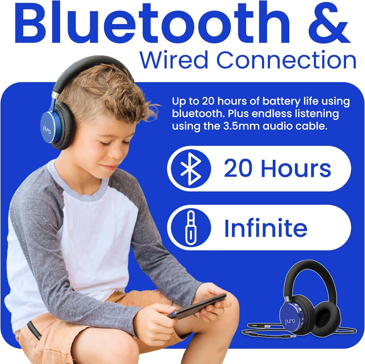 Puro Sound Labs BT2200 Plus Volume Limited Kids’ Bluetooth Headphones (Blue) - PuriLite