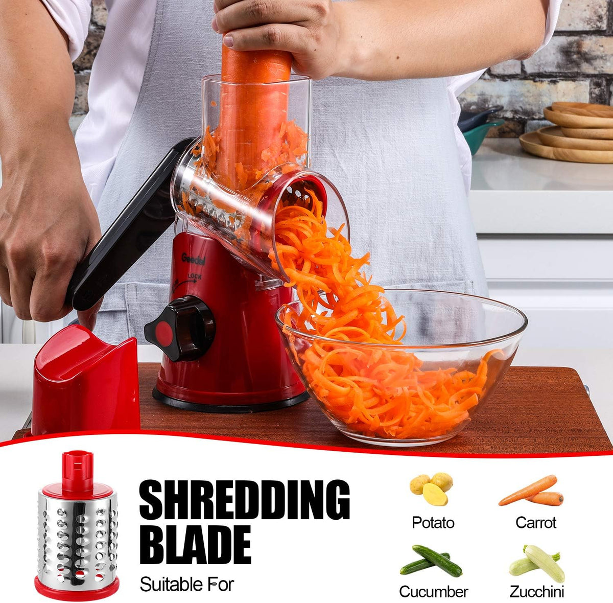 Geedel Kitchen Cheese Grater, Rotary Mandoline Vegetable Slicer with Interchangeable Blades, Easy to Use Rotary Grater Slicer for Fruit, Vegetables, Nuts - PuriLite