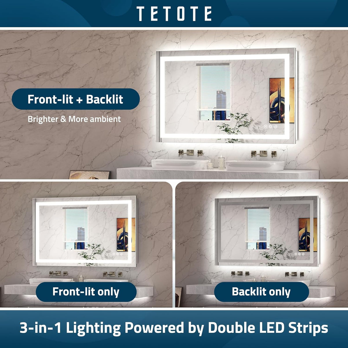 TETOTE 28 Inch Round LED Bathroom Vanity Mirror, Anti-Fog Dimmable Lights IP54 Waterproof Circle Makeup Wall Mounted Mirror - PuriLite