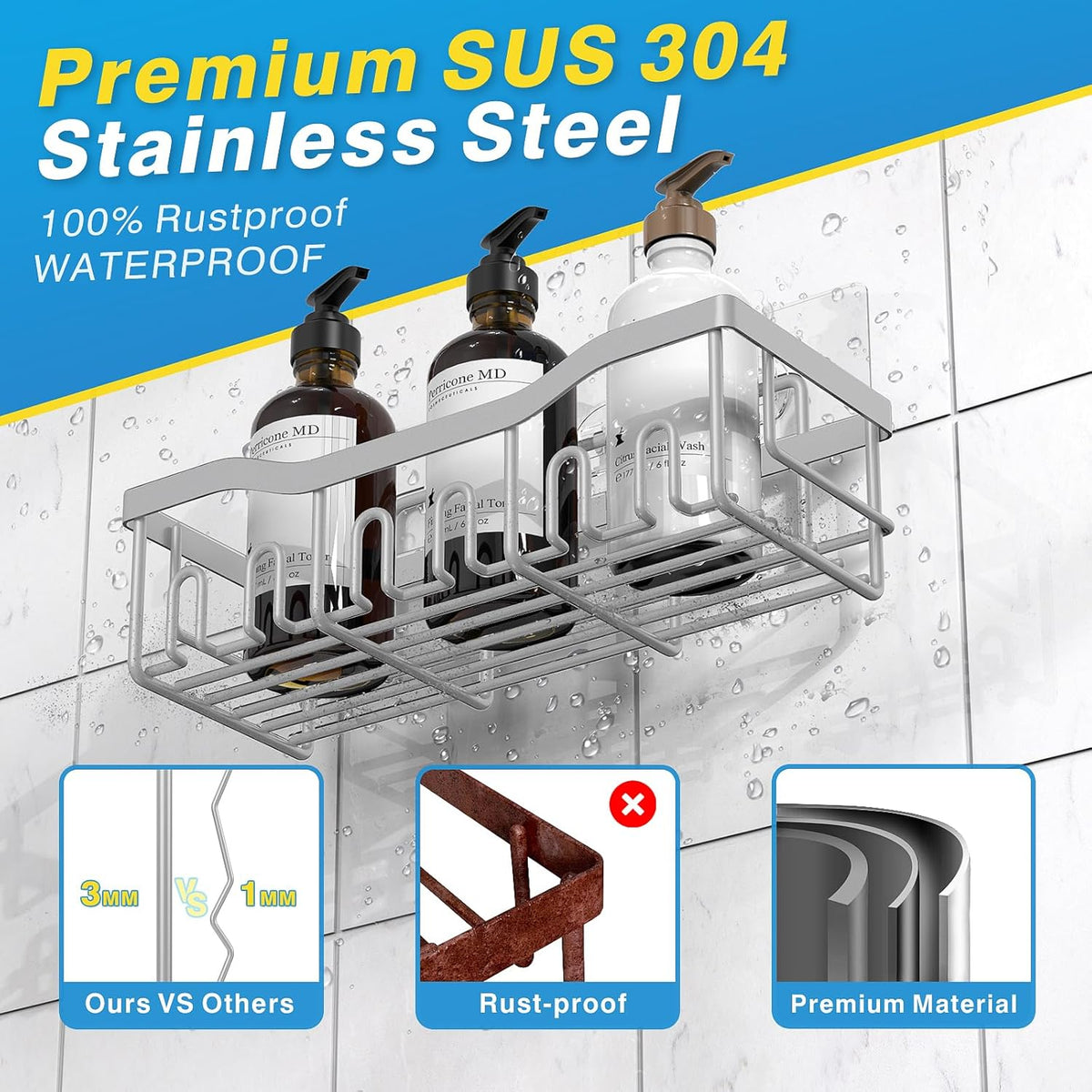 EUDELE 5-Pack Rustproof Stainless Steel Shower Caddy – No Drill Adhesive Bathroom Organizer with Large Capacity, Spacious Shower Shelves for Inside Shower, Kitchen & Home Decor Storage - PuriLite