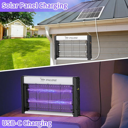 PALONE Solar Bug Zapper, 4000V Electric Bug Zapper with 8W Solar Panel, Rechargeable Bug Zapper with LED Light, Fly Zapper with Fireproof Waterproof, Indoor Outdoor Zapper for Kitchen,Camping,Patio - PuriLite