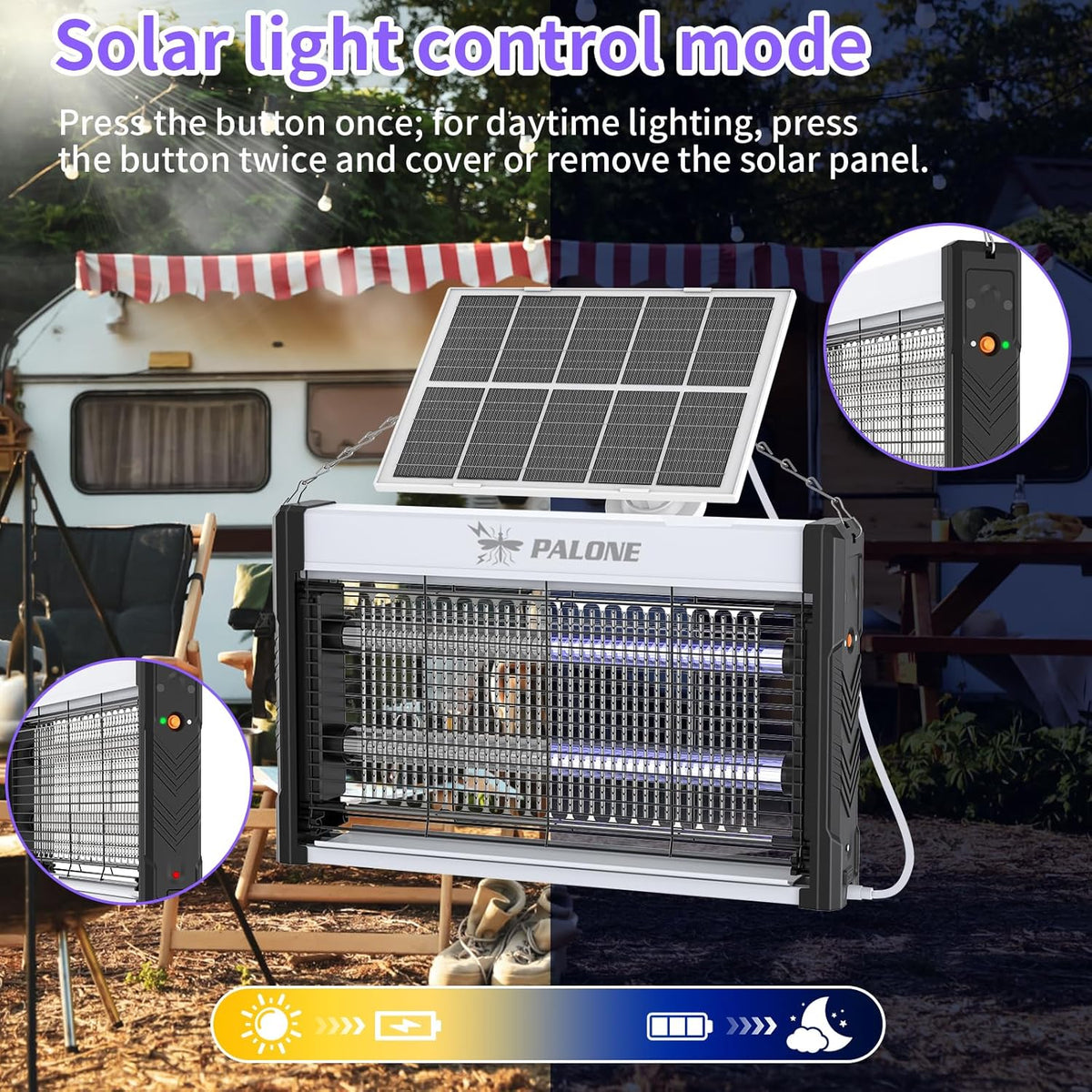PALONE Solar Bug Zapper, 4000V Electric Bug Zapper with 8W Solar Panel, Rechargeable Bug Zapper with LED Light, Fly Zapper with Fireproof Waterproof, Indoor Outdoor Zapper for Kitchen,Camping,Patio - PuriLite