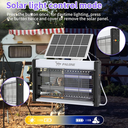 PALONE Solar Bug Zapper, 4000V Electric Bug Zapper with 8W Solar Panel, Rechargeable Bug Zapper with LED Light, Fly Zapper with Fireproof Waterproof, Indoor Outdoor Zapper for Kitchen,Camping,Patio - PuriLite