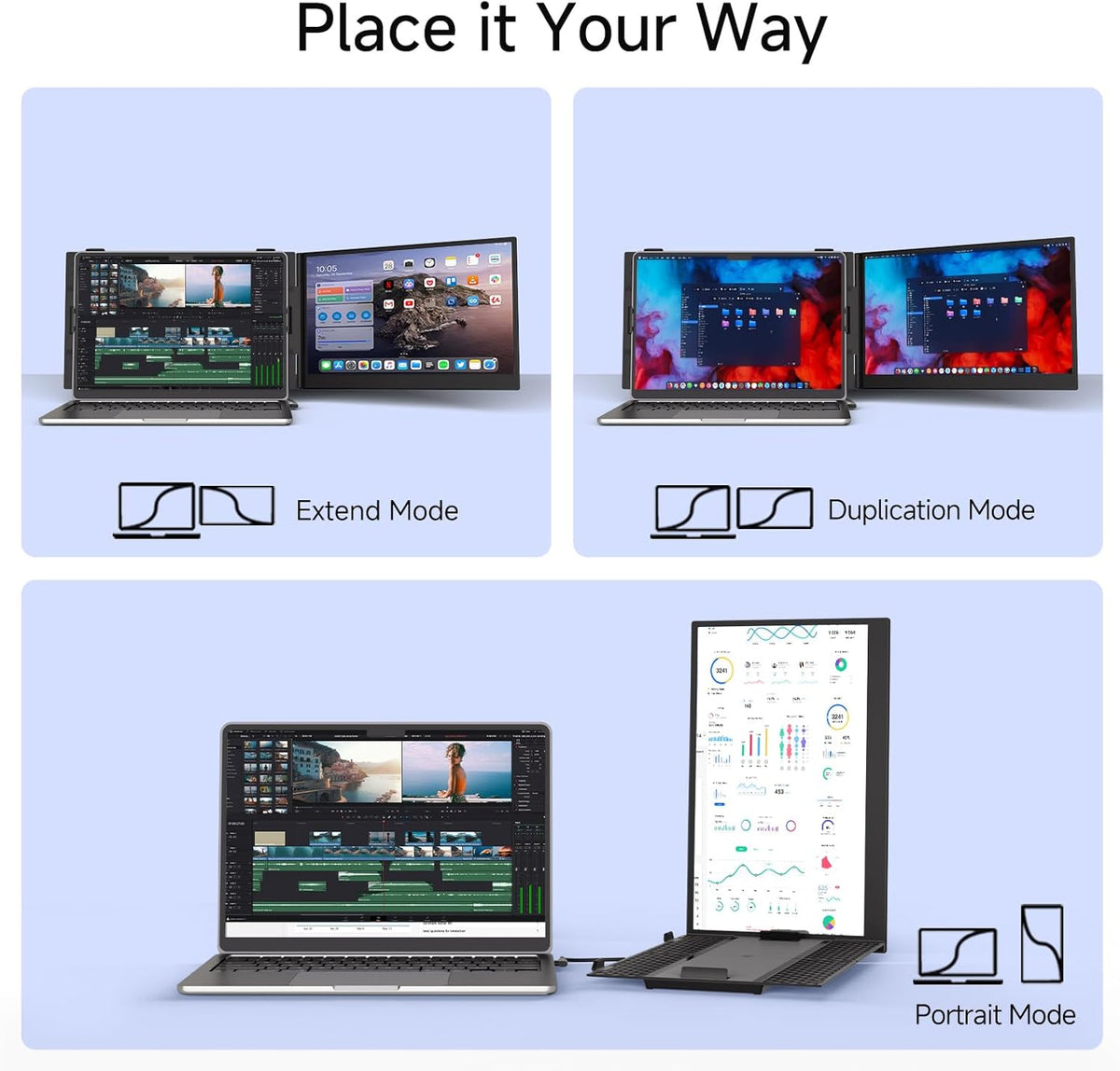 14” Laptop Screen Extender – Portable Dual Monitor IPS FHD 1080P, USB-C & HDMI Plug & Play, Rotatable Travel Display - PuriLite