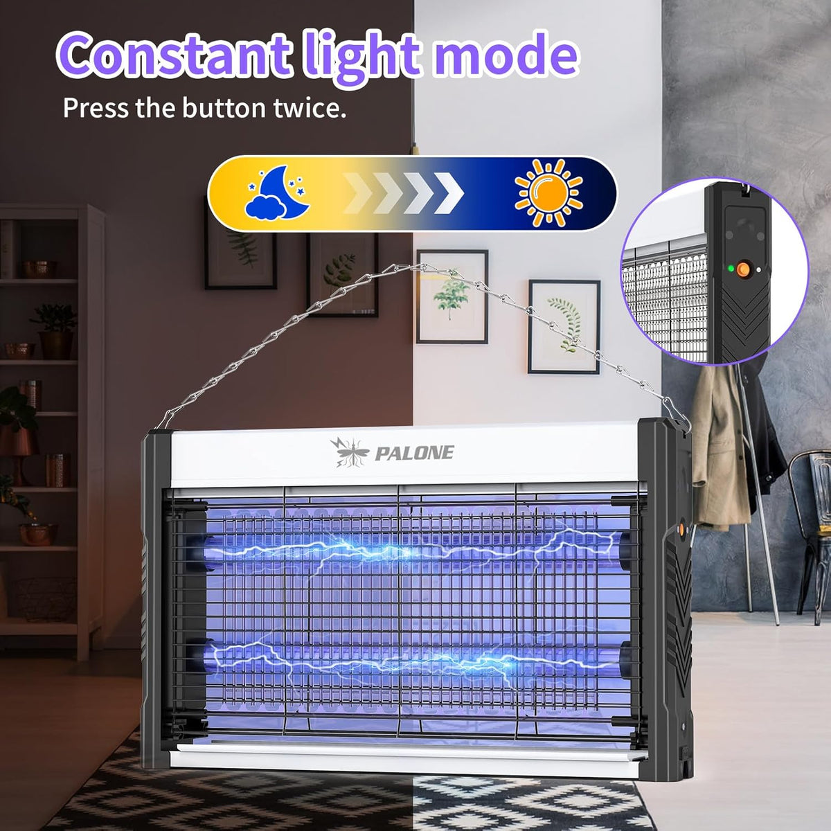 PALONE Solar Bug Zapper, 4000V Electric Bug Zapper with 8W Solar Panel, Rechargeable Bug Zapper with LED Light, Fly Zapper with Fireproof Waterproof, Indoor Outdoor Zapper for Kitchen,Camping,Patio - PuriLite