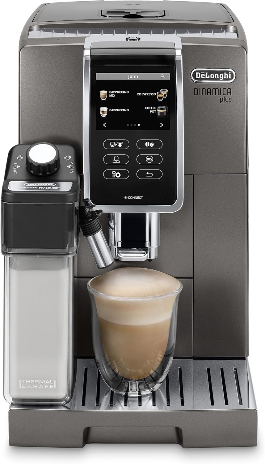 De'Longhi Dinamica Plus Connected Espresso & Coffee Machine with Automatic Milk Frother, One Touch Latte, Cappuccino, Colour Touch Display, ECAM37095TI - PuriLite