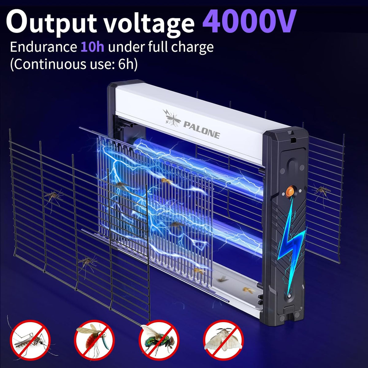 PALONE Solar Bug Zapper, 4000V Electric Bug Zapper with 8W Solar Panel, Rechargeable Bug Zapper with LED Light, Fly Zapper with Fireproof Waterproof, Indoor Outdoor Zapper for Kitchen,Camping,Patio - PuriLite