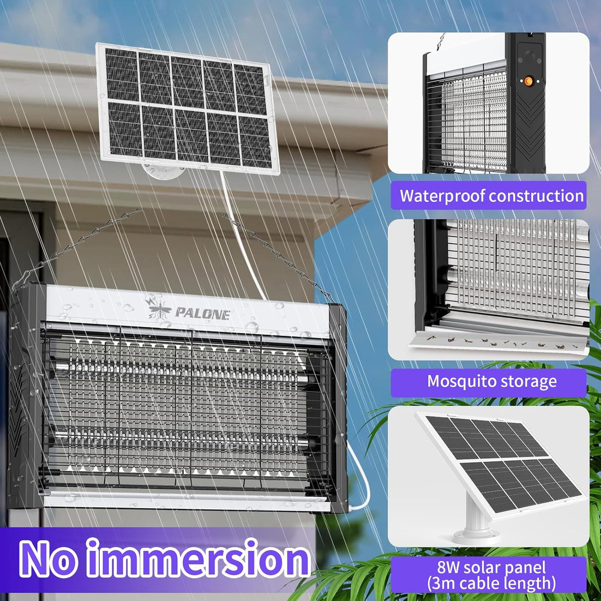 PALONE Solar Bug Zapper, 4000V Electric Bug Zapper with 8W Solar Panel, Rechargeable Bug Zapper with LED Light, Fly Zapper with Fireproof Waterproof, Indoor Outdoor Zapper for Kitchen,Camping,Patio - PuriLite