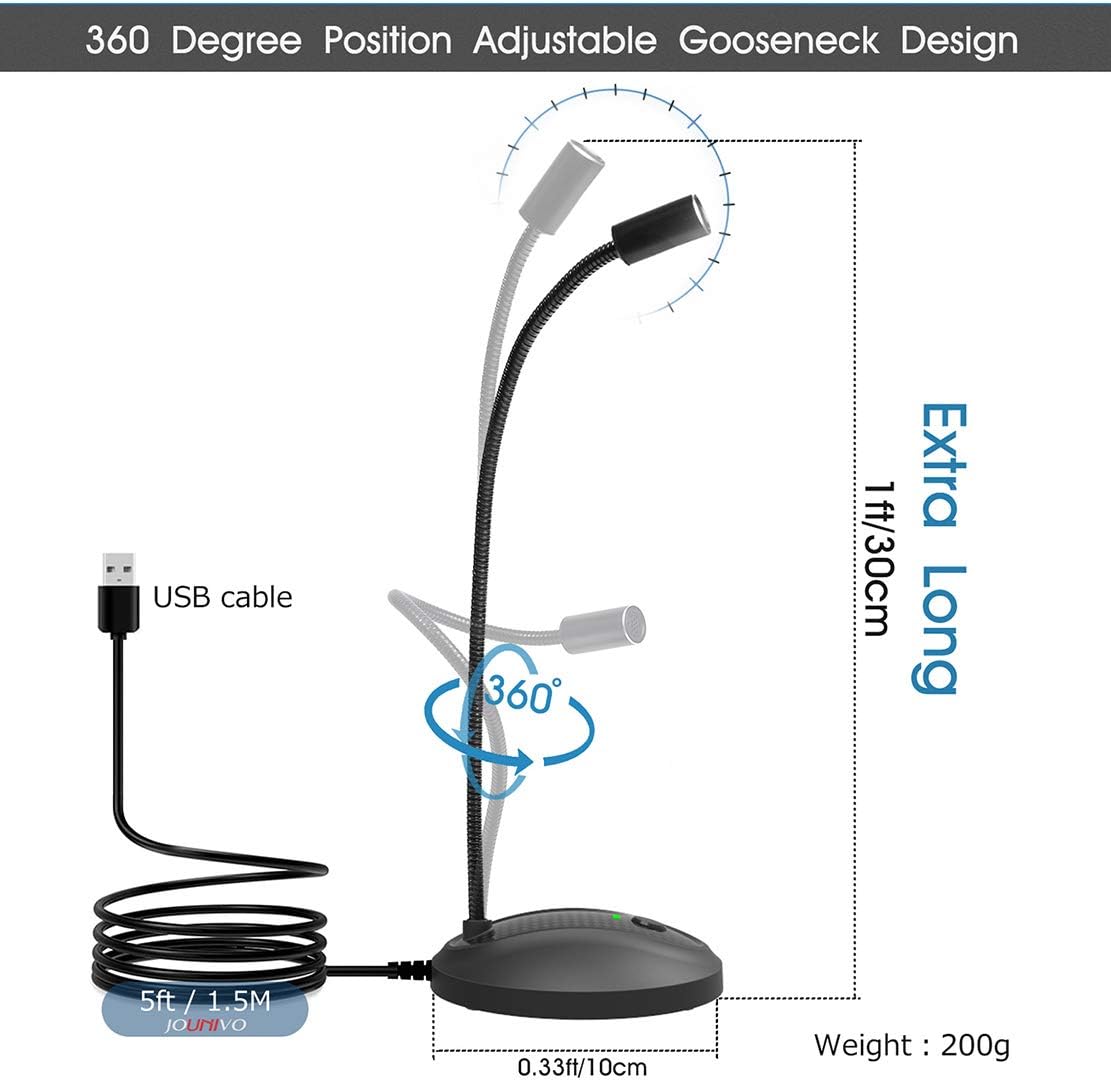 JOUNIVO USB Microphone, 360 Degree Adjustable Gooseneck Design, Mute Button & LED Indicator, Noise-Canceling Technology, Plug & Play, Compatible with Windows & MacOS - PuriLite