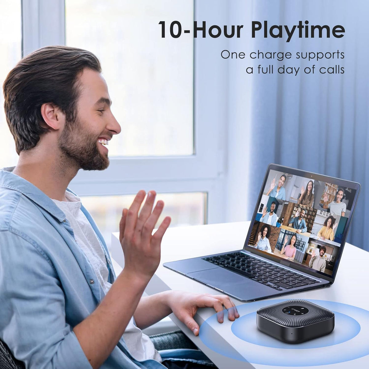 EMEET Conference Speakerphone M0 Plus, 4 AI Mics 360° Voice Pickup, Noise Reduction, USB C, Bluetooth Speakerphone for 8 People w/Daisy Chain for 16, Conference Speaker Compatible w/Leading Software - PuriLite
