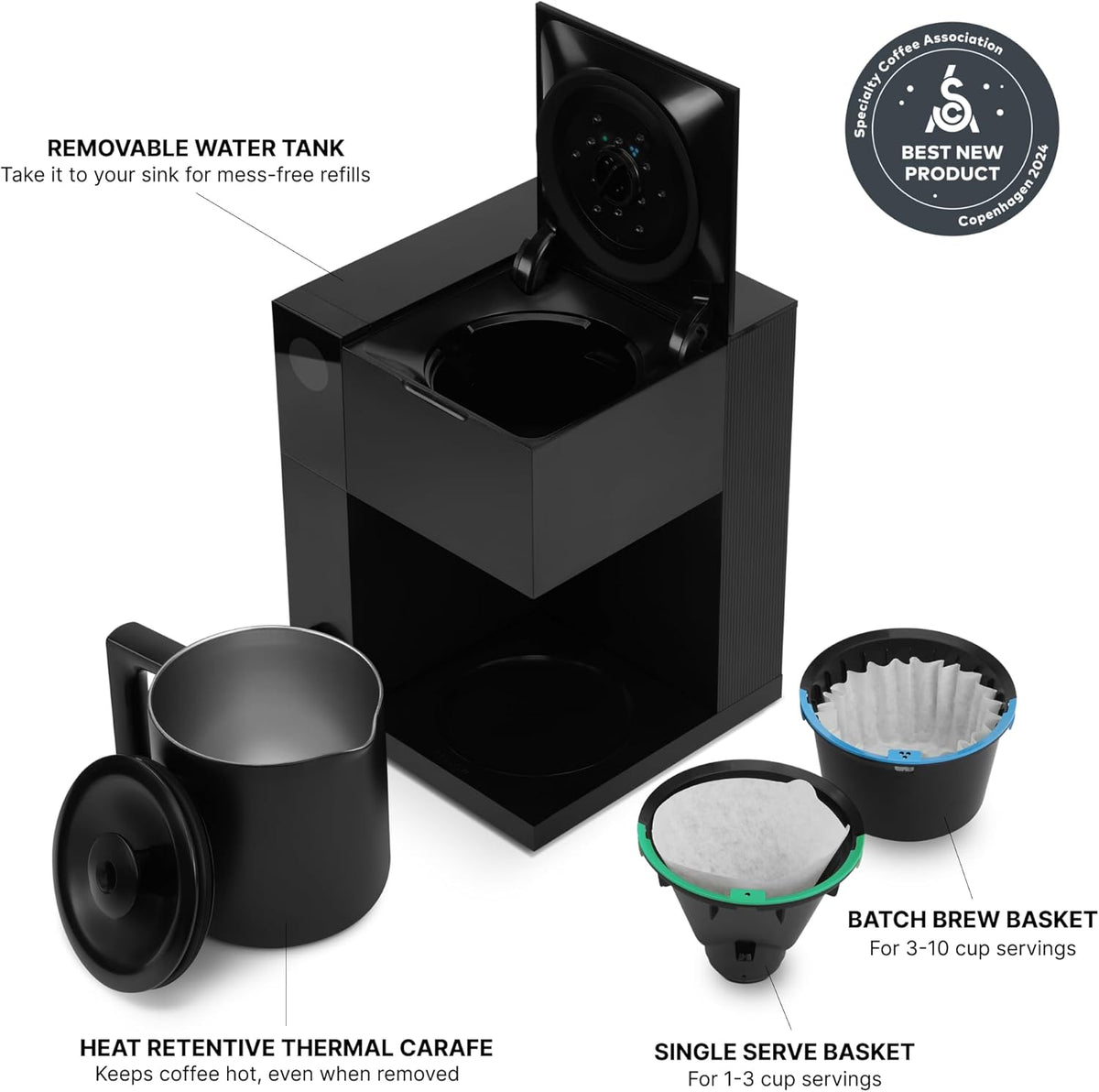 Fellow Aiden Precision Coffee Maker - 10-Cup Thermal Carafe, Built-In Brewing Guidance, Scheduling, Removable Water Tank, Matte Black - PuriLite