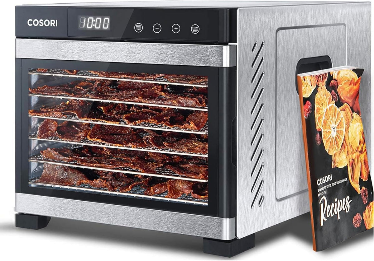 COSORI Food Dehydrator (50 Recipes) for Jerky, Vegetables Fruit, Meat, Dog Treats, Herbs, and Yogurt, Dryer Machine with Temperature Control, 6 Stainless Steel Trays, Rear-Mounted Fan, Silver - PuriLite