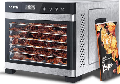 COSORI Food Dehydrator (50 Recipes) for Jerky, Vegetables Fruit, Meat, Dog Treats, Herbs, and Yogurt, Dryer Machine with Temperature Control, 6 Stainless Steel Trays, Rear-Mounted Fan, Silver - PuriLite