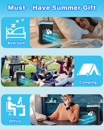 Mecmic Portable Air Conditioner Cooling Fan - 3 Speeds, 2 Mist Modes, 1000mL Water Tank, 7-Color Night Light, 2-4H Timer, Mini Cooling Fan for Bedroom, Office, Camping - PuriLite