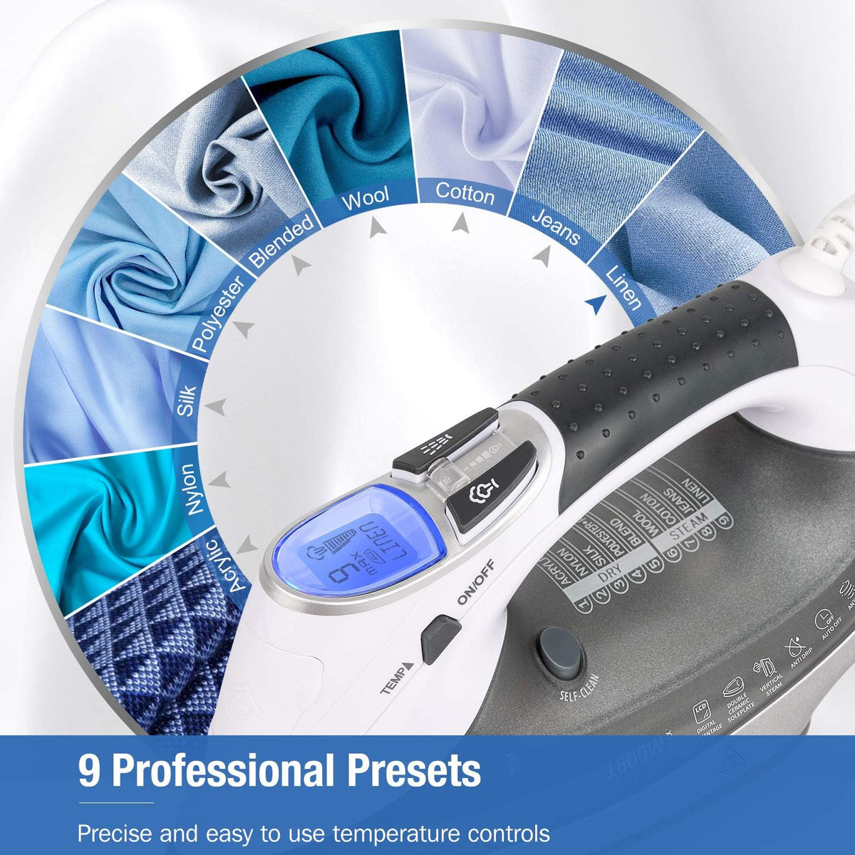 BEAUTURAL 1800-Watt Steam Iron with Digital LCD Screen, Double-Layer and Ceramic Coated Soleplate, 3-Way Auto-Off, 9 Preset Temperature and Steam Settings for Variable Fabric - PuriLite